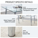 A modern minimalist style glass dining table. Transparent tempered glass tabletop with a thickness of 0.3 feet and silver metal legs. Suitable for restaurants and living rooms. 63 "x 35.4" x 30"