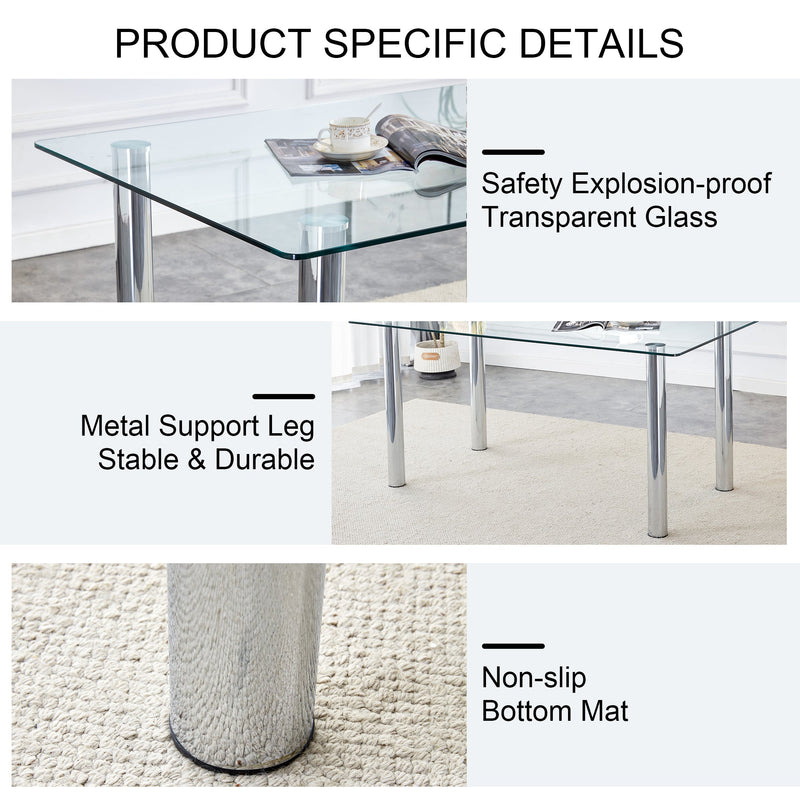 A modern minimalist style glass dining table. Transparent tempered glass tabletop with a thickness of 0.3 feet and silver metal legs. Suitable for restaurants and living rooms. 63 "x 35.4" x 30"