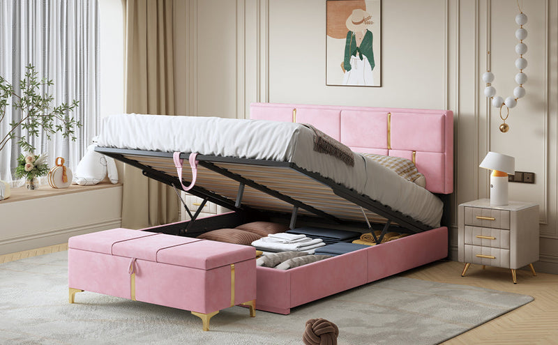 2-Pieces Bedroom Sets,Queen Size Upholstered Platform Bed with Hydraulic Storage System,Storage Ottoman with Metal Legs,Pink