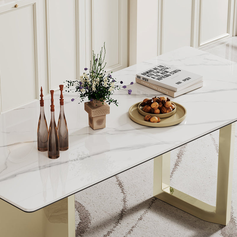 0.47" Thick Sintered Stone Composite Tempered Glass Top Rectangular Dining Table with Stainless Steel Base