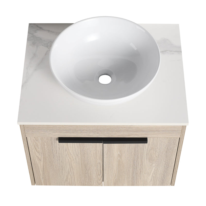 24" Modern Design Float Bathroom Vanity With Ceramic Basin Set, Wall Mounted White Oak Vanity With Soft Close Door, KD-PackingD-Packing Pieces