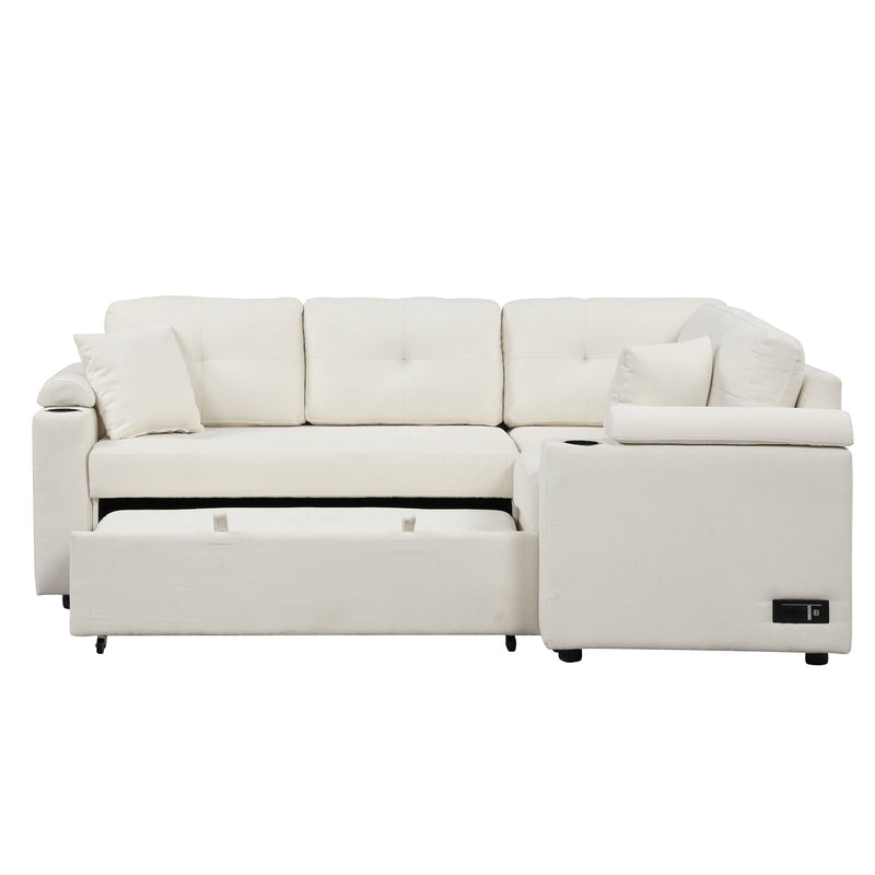 87.4" L-shape Sofa Bed Pull-out Sleeper Sofa with Wheels, USB Ports, Power Sockets for Living Room, Beige