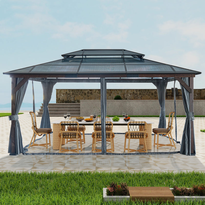 12' x 16' Hardtop Cedar Wood Gazebo for Patios, Outdoor Cedar Framed Gazebo with Double Metal Roof, Solid Wooden Framed Gazebo with Privacy Curtains and Mosquito Nettings for Garden, Backyard