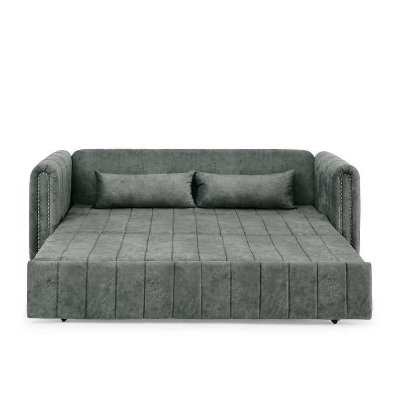 3 in 1 Pull-Out Bed Sleeper, Modern Upholstered 3 Seats Lounge Sofa & Couches with Rolled Arms Decorated with Copper Nails, Convertible Futon 3 Seats Sofabed with Two Drawers and Two Pillows