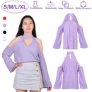 Women\'s Sexy Off The Shoulder Blouses Cold Shoulder Tops V-Neck Long Sleeve T-Shirt Solid Color Summer