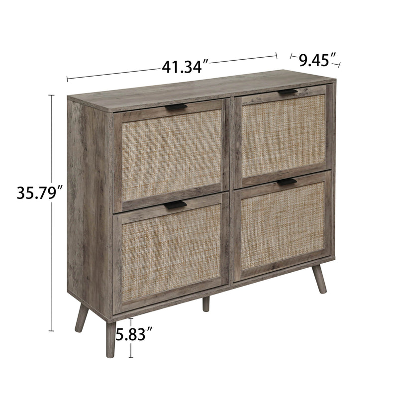 Walker Edison | Modern Rattan 4 Door Shoe Rack Cabinet for Entryway