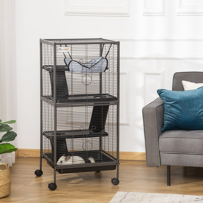 Metal Small Animal Cage Rolling Big Ferret Cage, Chinchilla Cage, Sugar Glider Cage, with Hammock & 4 Tiers, Removable Tray, Gray
