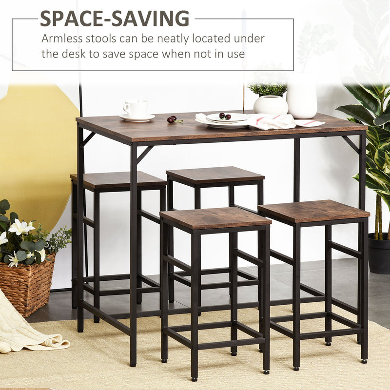 5-Piece Industrial Dining Table Set, Bar Table & 4 Stools Set, Space Saving for Pub & Kitchen, Black/Brown