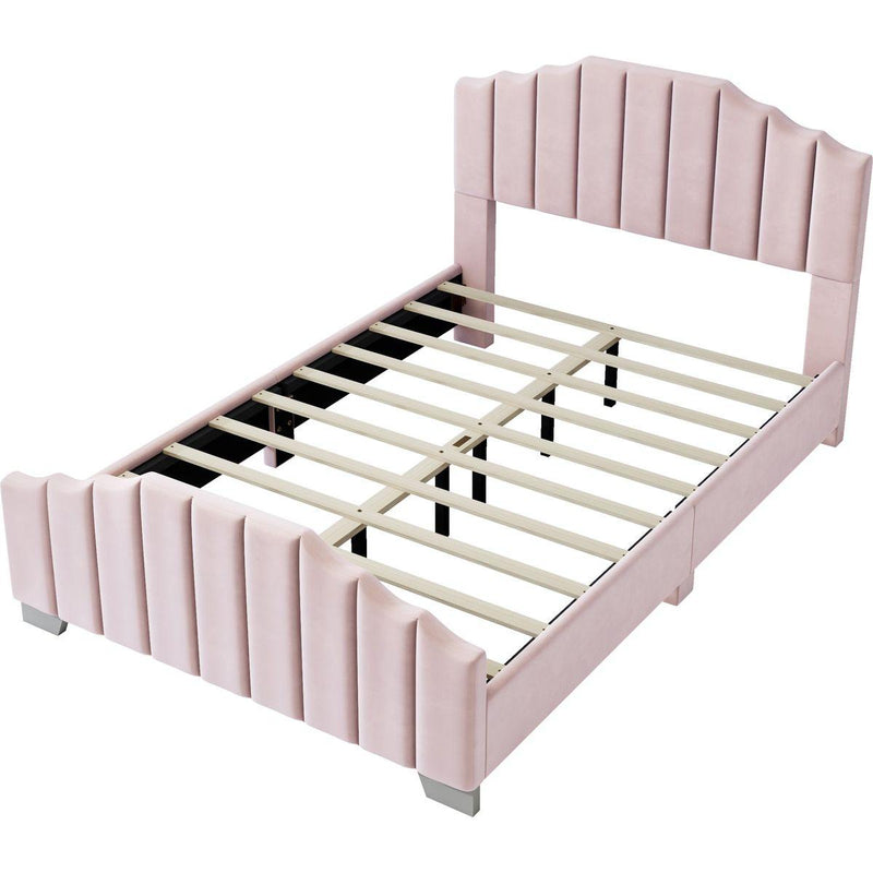 3 Pieces Bedroom Sets Full Size Velvet Upholstered Platform Bed Vertical Channel Tufted Headboard and Two Three-drawer Nightstands,Pink