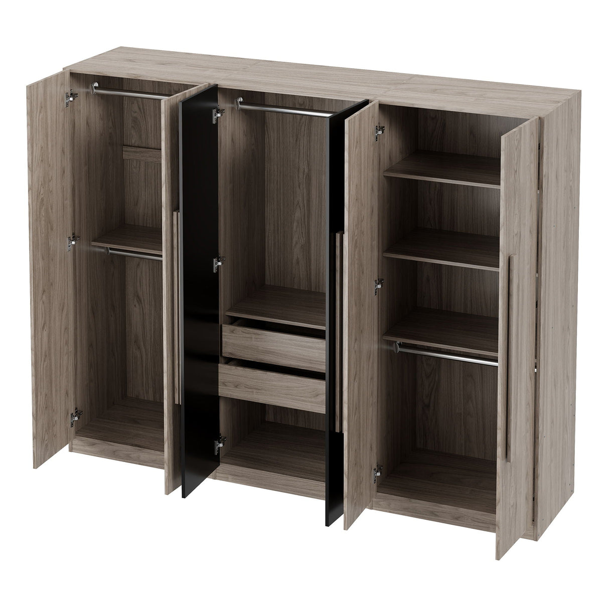 6 Doors Wardrobe Storage For Bedroom, With 2 Drawers Inside - Black / Nature, photo 6 of 7