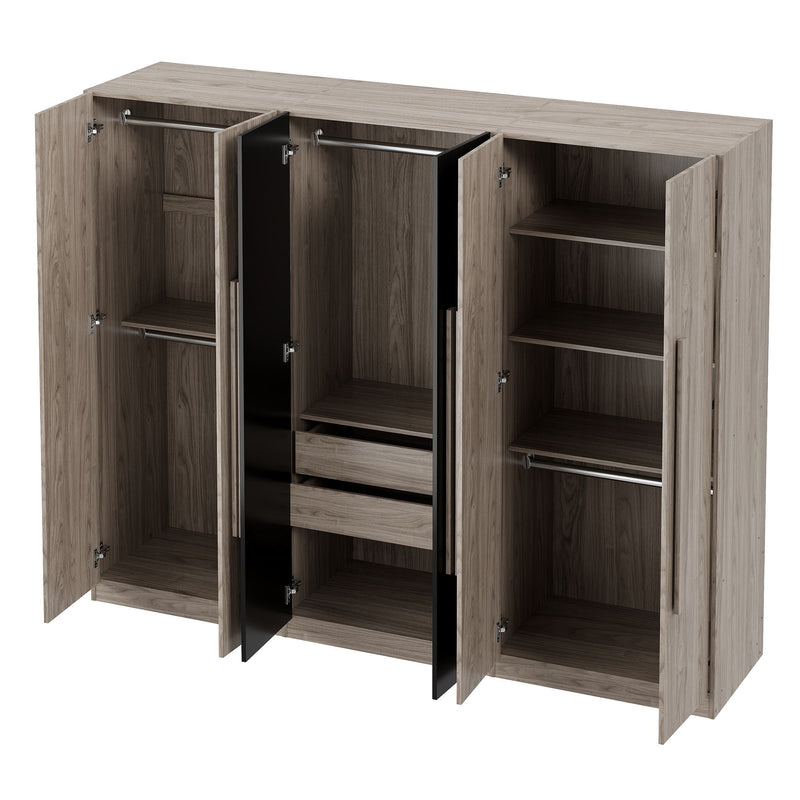 6 Doors Wardrobe Storage For Bedroom, With 2 Drawers Inside - Black / Nature, photo 6 of 7