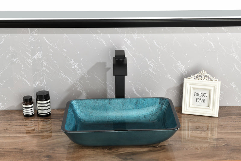 18.125" L -13.0" W -12.0" H Handmade Countertop Glass Rectangular Vessel Bathroom Sink Set in Blue Glass with Matte Black Single-Handle Single Hole Faucet and Pop Up Drain
