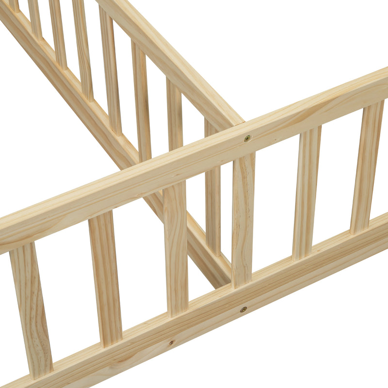 Double Twin House-Style Floor Bed with Fence, Guardrails, without door, Natural(Old Sku:W504P143318)