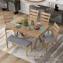 6-Piece Retro 59"L Rectangular Dining Table Set, Table with Unique Legs and 4 Upholstered Chairs & 1 Bench for Dining Room and Kitchen (Natural Wood Wash)