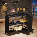 L Shaped Home Mini Bar Table With 2 Tier Shelves & Glass Racks - Black by HouseOfZazla