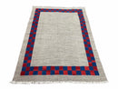5' 7" x 7' 9" Geometric Kilim Carpet, Gray, Handmade, Hand-Knotted Area Rug, Blue & Red, Flatweave, Wool, New, Checkerboard Pattern