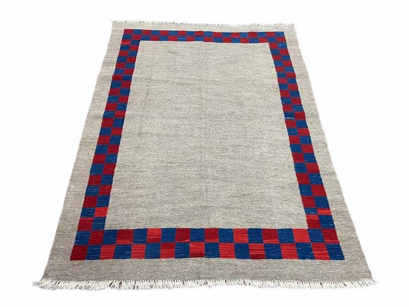5' 7" x 7' 9" Geometric Kilim Carpet, Gray, Handmade, Hand-Knotted Area Rug, Blue & Red, Flatweave, Wool, New, Checkerboard Pattern