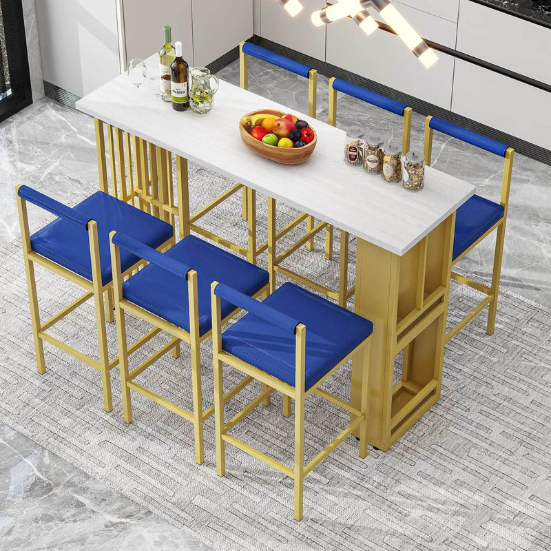 7-Piece Multi-Functional Modern Counter Height Dining Bar Table Set with Open Shelves and 6 Upholstered Stools for Dining Room, Bar and Cafe (White and Blue)
