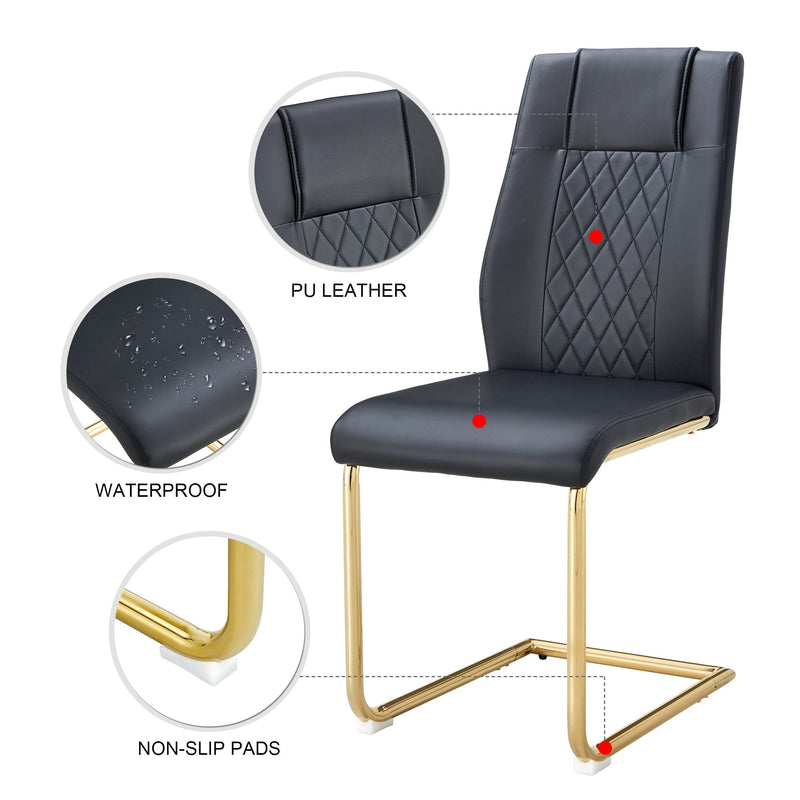 Modern dining chairs with faux leather padded seats, dining room chairs, gold metal leg upholstered chairs, suitable for kitchens, living rooms, bedrooms, and offices, set of 6 (black+PU leather)