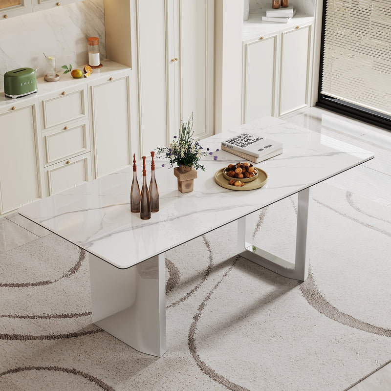 0.47" Thick Sintered Stone Composite Tempered Glass Top Rectangular Dining Table with Stainless Steel Base