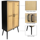 59" Tall Rustic Farmhouse Storage Cabinet with Shelf Wide Countertop Wooden Bedroom Living Room Kitchen Furniture with Rattan Design Nature Color