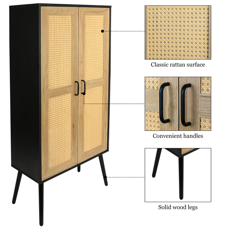 59" Tall Rustic Farmhouse Storage Cabinet with Shelf Wide Countertop Wooden Bedroom Living Room Kitchen Furniture with Rattan Design Nature Color