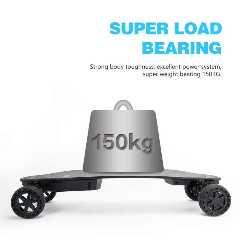 All terrain dual 1000x2 hub motor electric skateboard with 32mph max speed,25miles range,9600mah battery.