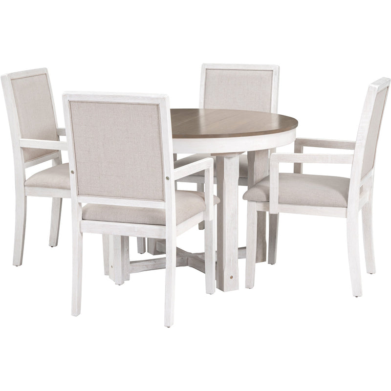 5-Piece Dining Table Set, Two-Size Round To Oval Extendable Butterfly Leaf Wood Dining Table and 4 Upholstered Dining Chairs with Armrests (Brown+White)