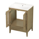 24" Bathroom Vanity with Ceramic Basin, Rattan Bathroom Storage Cabinet with Two Doors and Drawer, Solid Frame, Natural