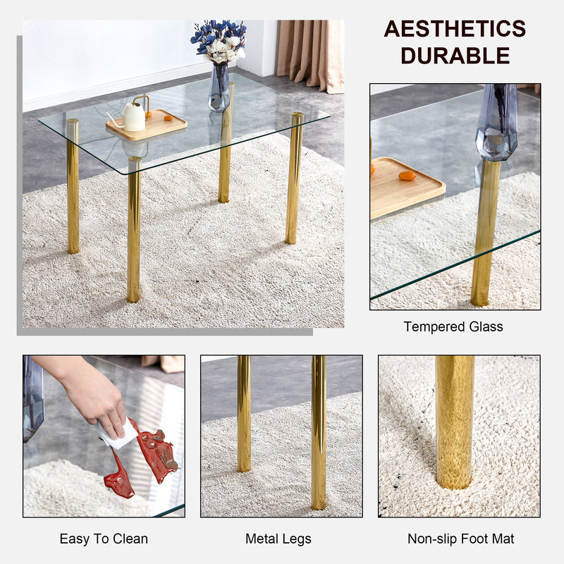 A modern minimalist style glass dining table. Transparent tempered glass tabletop with a thickness of 0.3 feet and golden metal legs. Suitable for restaurants and living rooms. 51"x31.4"x29.5"