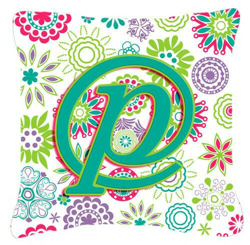 Letter P Flowers Pink Teal Green Initial Canvas Fabric Decorative Pillow CJ2011-PPW1414