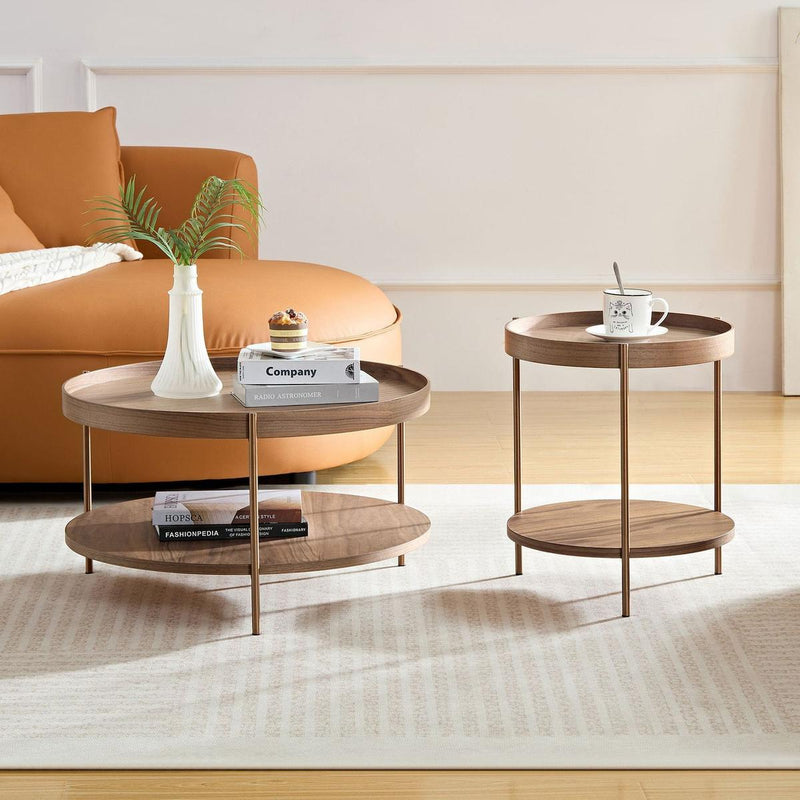 2-Piece Modern 2 tier Round Coffee Table Set for Living Room,Easy Assembly Nesting Coffee Tables, End Side Tables for Bedroom Office Balcony Yard,Walnut MDF