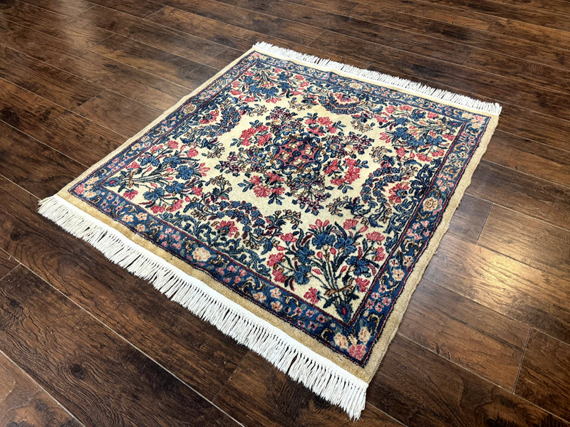 Square Persian Kerman Rug 4x4, Ivory Blue Pink, Handmade, Fine 225 KPSI