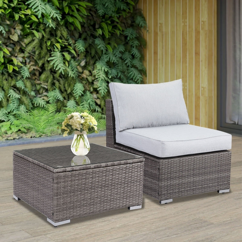 2 Piece Light Grey Sofa Small Armless Single Rattan Sofa Couch Set With Small Couch Table