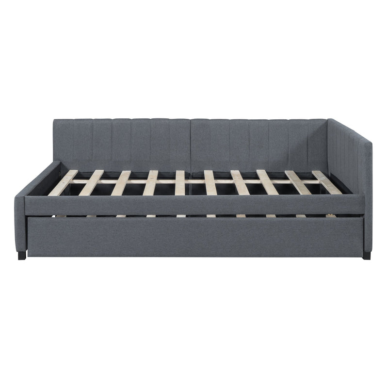 Full Size Upholstered Daybed with Trundle Sofa Bed Frame No Box Spring Needed, Linen Fabric(Gray)