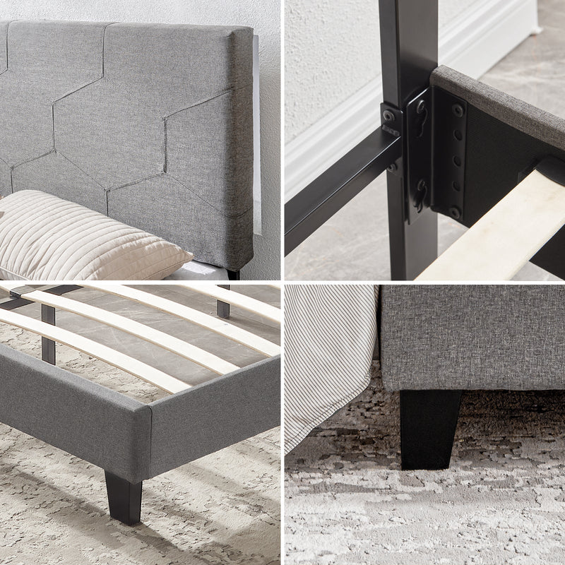 Queen Size Upholstered Platform Bed Frame, Wood Slat Support, Easy Assembly,Grey