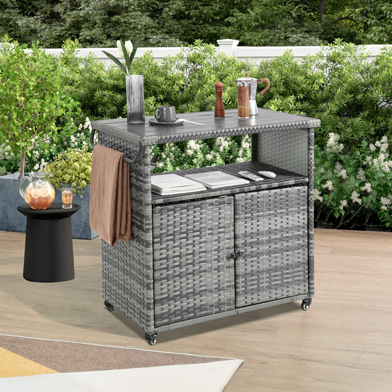 Outdoor Wicker Bar Cart, Patio Wine Serving Cart w/Wheels, Rolling Rattan Beverage Bar Counter Table w/Glass Top for Porch Backyard Garden Poolside Party, Light brown