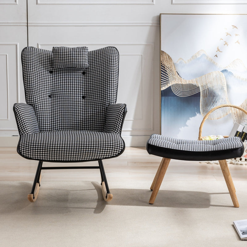 35.5 inch Rocking Chair with Footrest, Soft Houndstooth Fabric Leather Fabric Rocking Chair for Nursery, Comfy Wingback Glider Rocker with Safe Solid Wood Base for Living Room Bedroom Balcony (black)