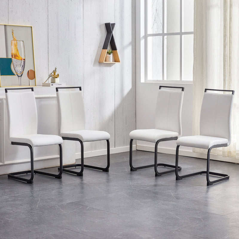 A table and four chairs. The table features a black imitation marble pattern tabletop and black gold MDF legs. The chair has a white PU backrest cushion and black metal legs. F-SQ