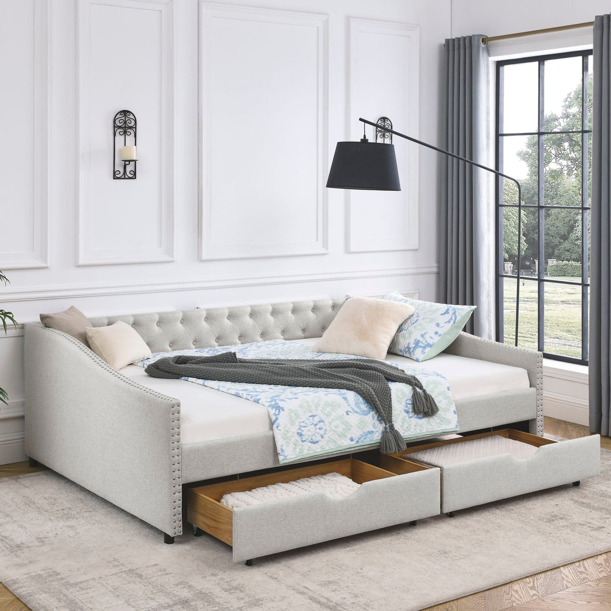 Upholstered Tufted Daybed With Drawers, Waved Arms, photo 24 of 27