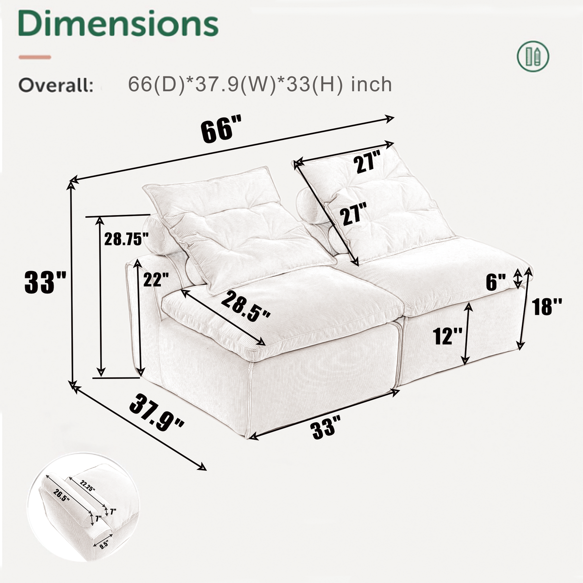 Modular Sofa with Neck and Lumbar Pillows - 2 Seats, photo 2 of 10