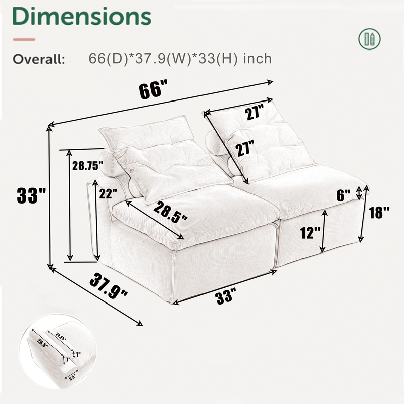 Modular Sofa with Neck and Lumbar Pillows - 2 Seats, photo 2 of 10