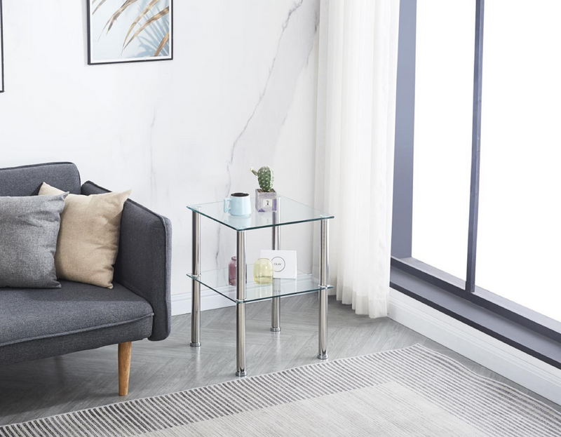 2-Piece Clear Side Table, 2-Tier Space End Table, Modern Night Stand, Sofa table with Storage Shelve for Living Room