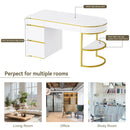 60"Modern Executive Desk,White Curved Computer Desk with Gold Metal Legs,3-Drawers Home Office Desk,Writing Desk with 1 Storage Cabinet for Home Office,Living Room,Gold+White