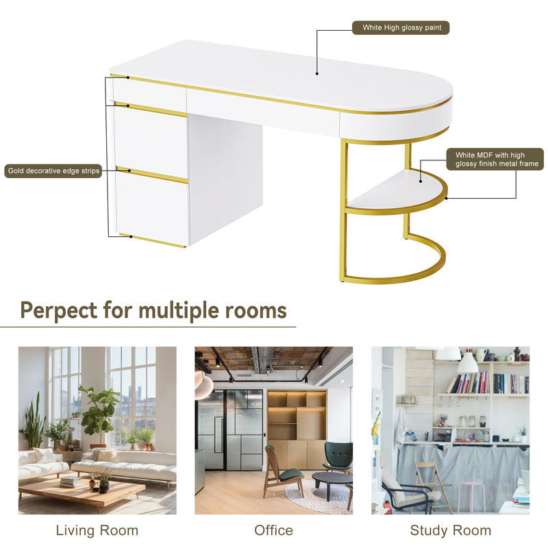 60"Modern Executive Desk,White Curved Computer Desk with Gold Metal Legs,3-Drawers Home Office Desk,Writing Desk with 1 Storage Cabinet for Home Office,Living Room,Gold+White