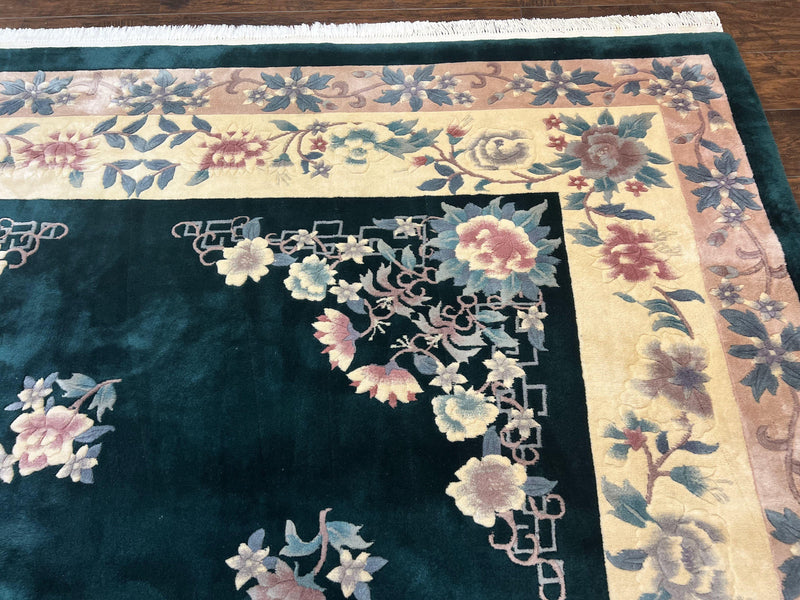Chinese Art Deco Rug 9x12, Wool Hand Knotted Vintage Carpet, Dark Green & Cream, 90 Line Carving Rug