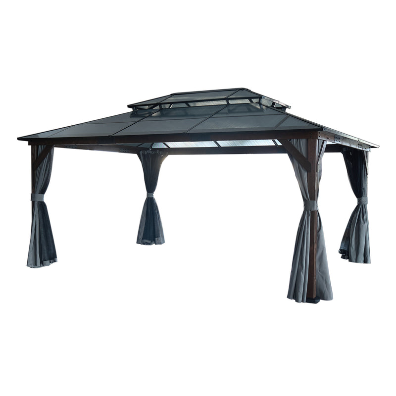 12' x 16' Hardtop Cedar Wood Gazebo for Patios, Outdoor Cedar Framed Gazebo with Double Metal Roof, Solid Wooden Framed Gazebo with Privacy Curtains and Mosquito Nettings for Garden, Backyard