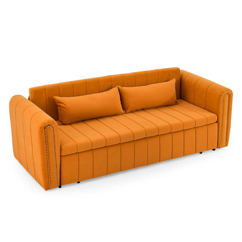 3 in 1 Pull-Out Bed Sleeper, Modern Upholstered 3 Seats Lounge Sofa & Couches with Rolled Arms Decorated with Copper Nails, Convertible Futon 3 Seats Sofabed with Two Drawers and Two Pillows
