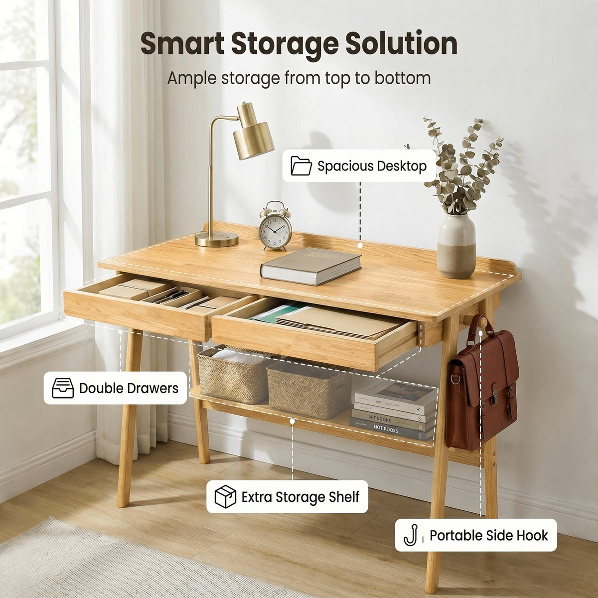 Solid Wood Writing Desk with 2 Drawers & Storage Shelf, photo 2 of 10