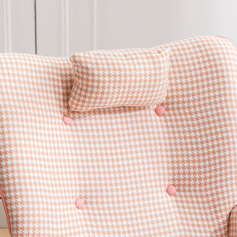 35.5 inch Rocking Chair, Soft Houndstooth Fabric Leather Fabric Rocking Chair for Nursery, Comfy Wingback Glider Rocker with Safe Solid Wood Base for Living Room Bedroom Balcony (pink)